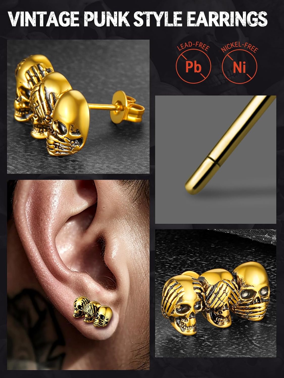 FaithHeart Punk Skull Earrings Stainless Steel/18K Gold Plated Gothic Skeleton Stud/Hoop Earrings for Women Man with Gift Packaging