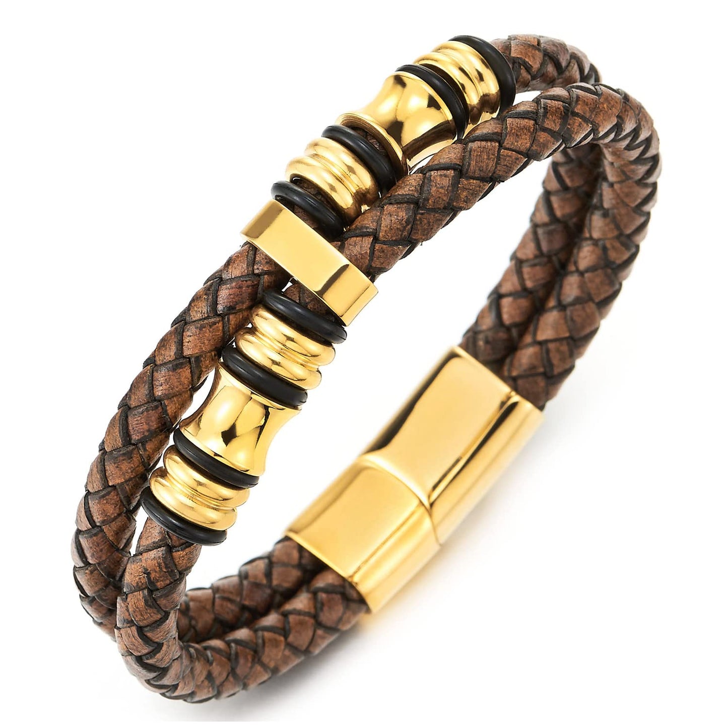 COOLSTEELANDBEYOND Mens Double-Row Braided Leather Bracelet Bangle Wristband with Stainless Steel Ornaments