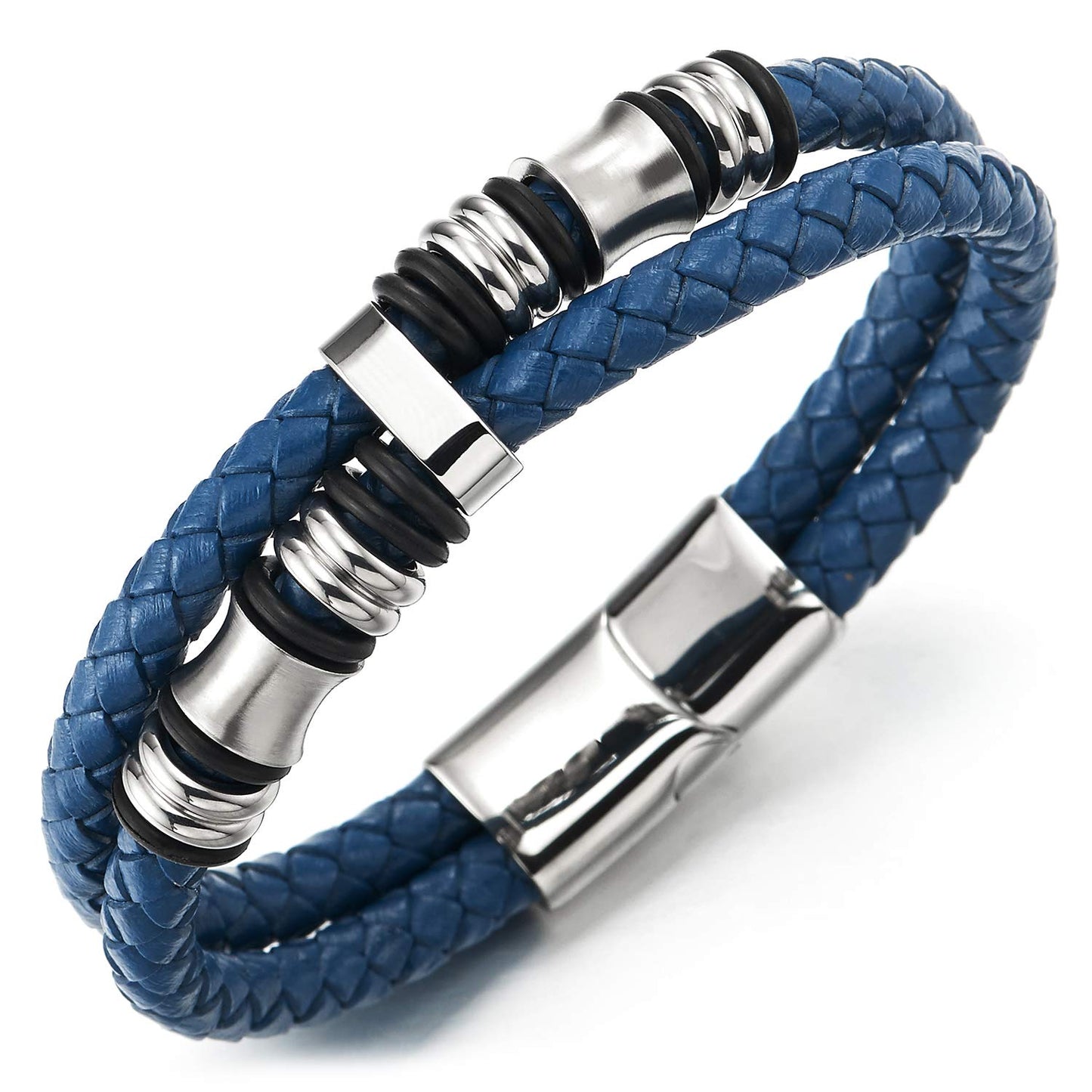 COOLSTEELANDBEYOND Mens Double-Row Braided Leather Bracelet Bangle Wristband with Stainless Steel Ornaments