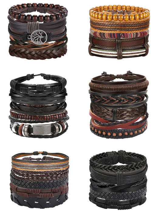 Florideco 30PCS Braided Leather Bracelets for Men Women Wrap Wood Beads Bracelet Woven Ethnic Tribal Rope Wristbands Bracelets Set Adjustable