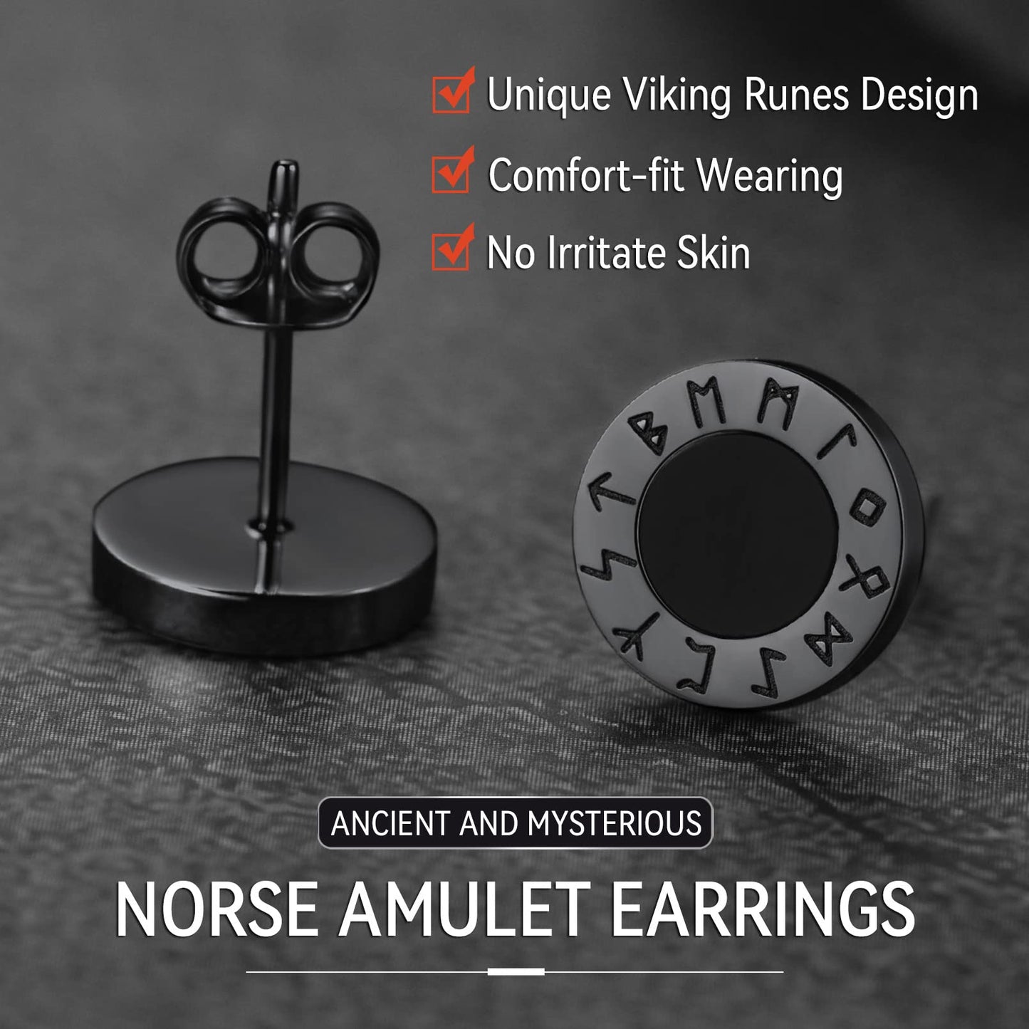 FaithHeart Sterling Silver Viking Runes Earrings for Men Women Black Onyx Stud Earrings Norse Mythology Amulet Jewelry with Gift Box