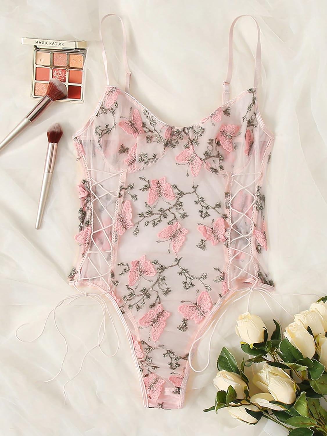 Lilosy Women Sexy Lace Up Floral Embroidered Teddy Lingerie Bodysuit Top Mesh Sheer One Piece