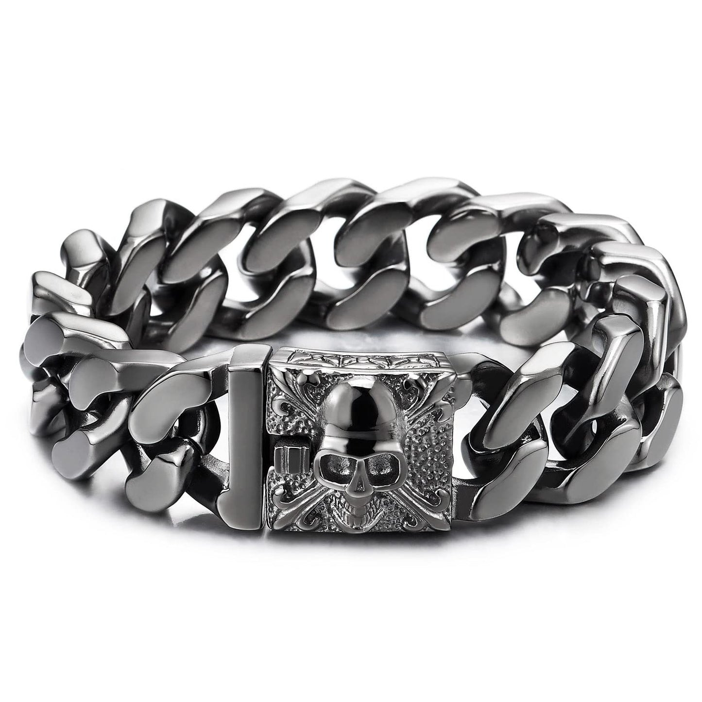 COOLSTEELANDBEYOND Mens Large Vintage Brushed Finishing Steel Curb Chain Bracelet with Fleur De Lis and Skull