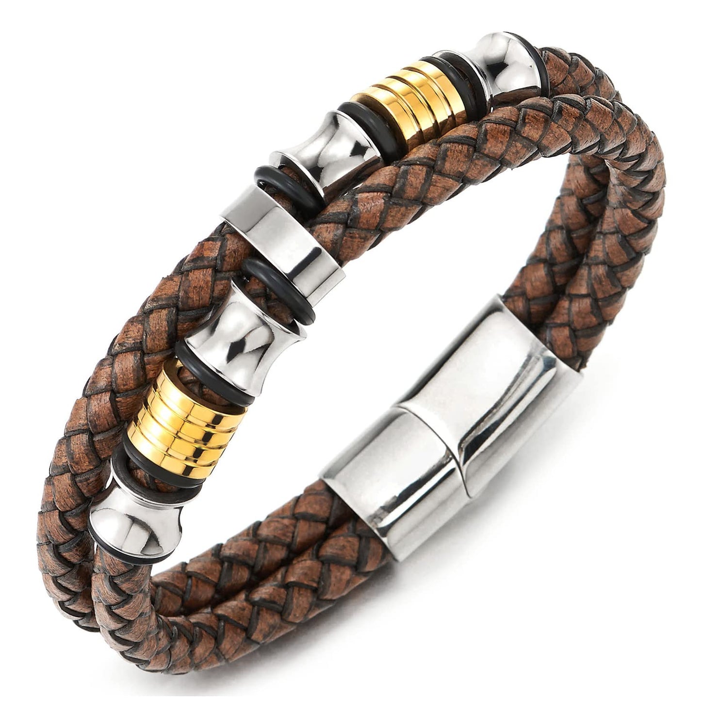 COOLSTEELANDBEYOND Mens Double-Row Braided Leather Bracelet Bangle Wristband with Stainless Steel Ornaments