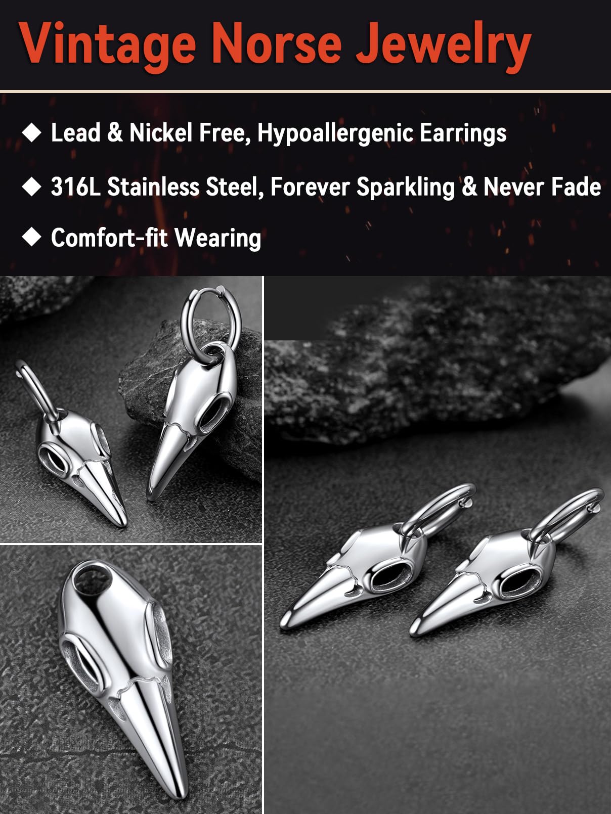 FaithHeart Raven Stud Earrings for Women Men, Stainless Steel Punk Gothic Norse Viking Crow Ear Studs with Delicate Gift Packaging