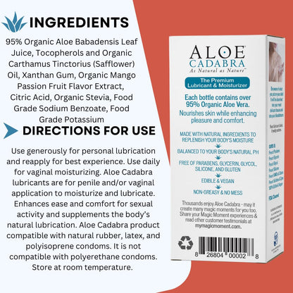 Aloe Cadabra Natural Water Based Personal Lubricant and Vaginal Moisturizer, Organic Aloe Lube for Men, Women and Couples, Non-Staining, pH Balanced (Unscented 2.5 Ounces, 1 Pack)