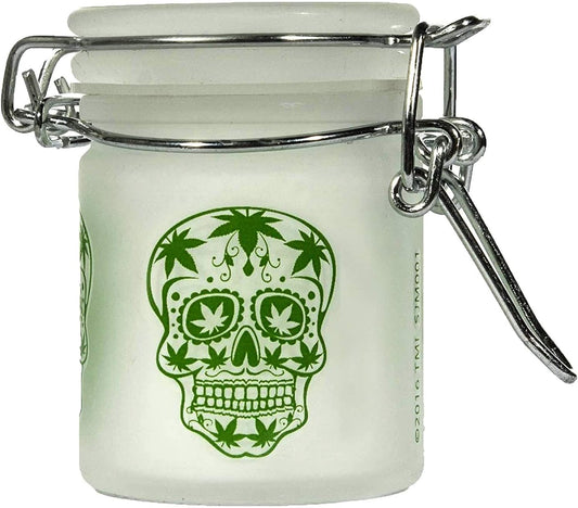 Airtight Glass Herb Mini Stash Jar with Clamping Lid in Choice of Design (Frosted Sugar Skull, Small)