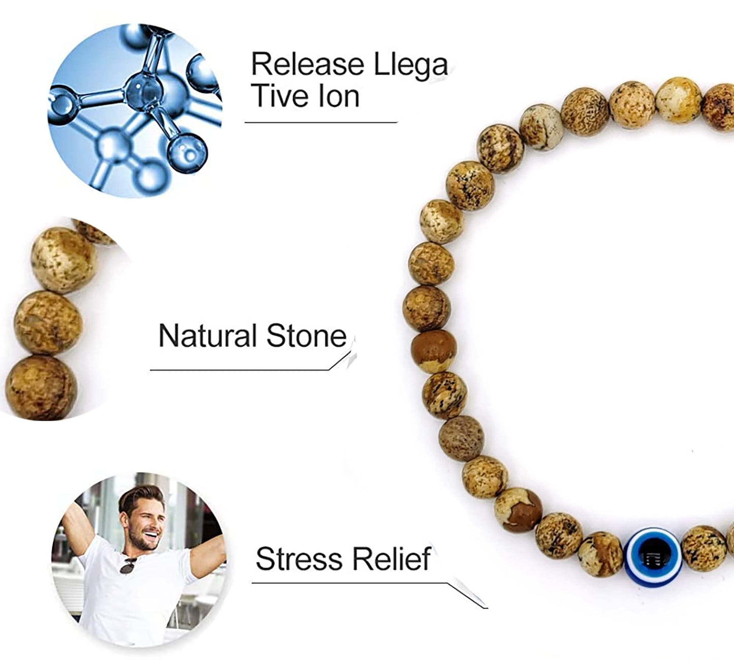 Natural Stone Agate Elastic Evil Eye Bracelet Kit with Charms Adjustable for Men Boyfriend for Gift Boys Stretch Bracelet for son Gifts 6mm