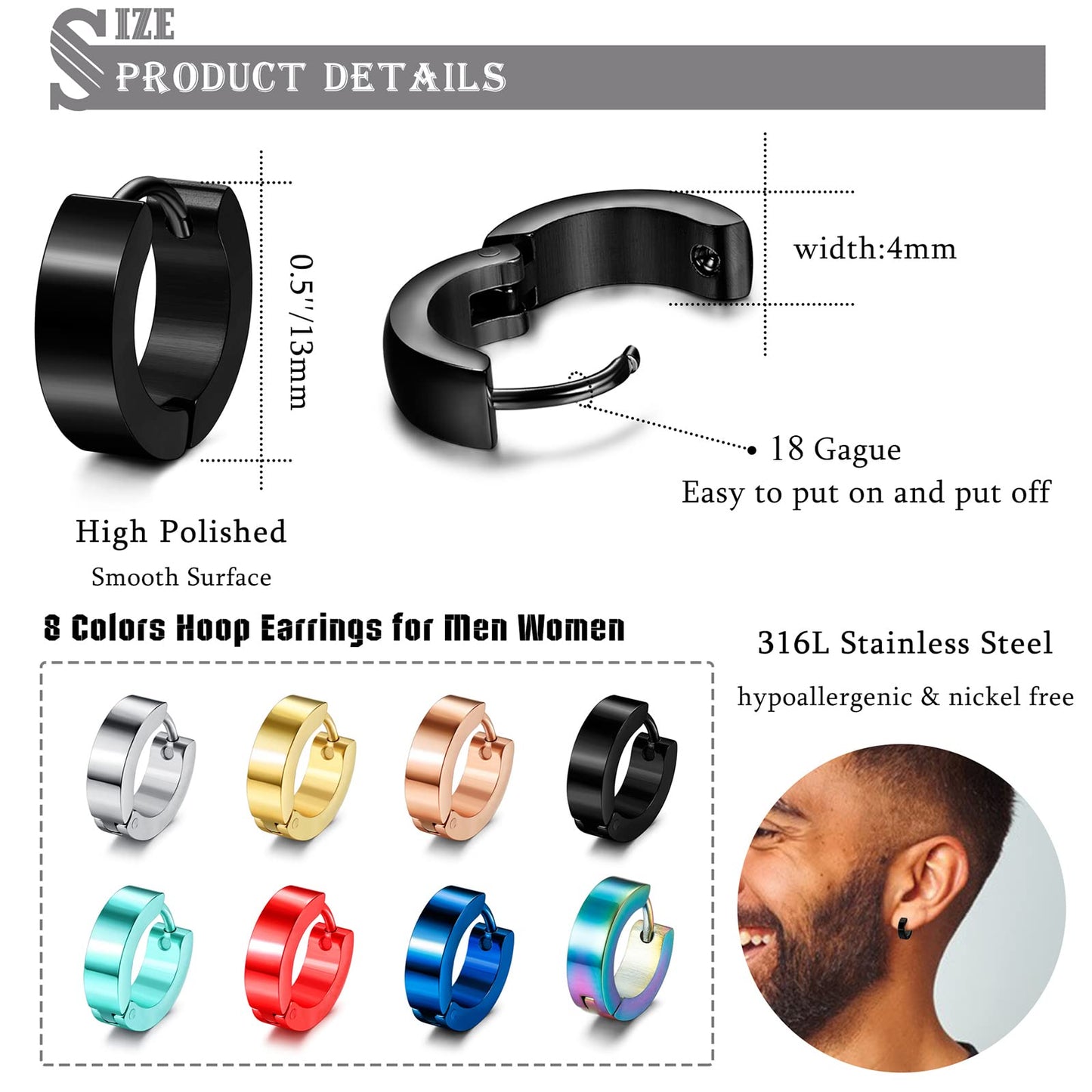 Jstyle 8 Pairs Stainless Steel Small Hoop Earrings for Men Women Huggie Earrings Cool Mens Earrings Set Multicolor Huggie Hoop Earrings Piercing for Men 13MM