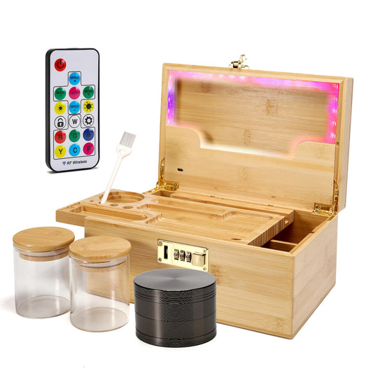 Large Bamboo Storage Box with Combination Lock, Premium Decorative Box, Colored Light Strip 12 modes, Upgrade Tray, Includes Accessory Tools (black)