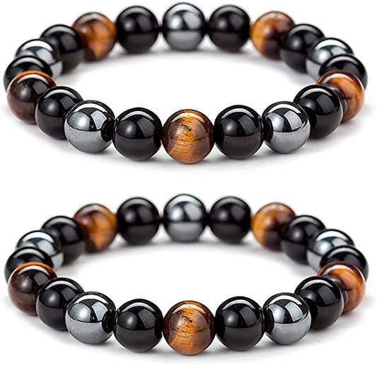 Black Obsidian Hematite Triple Protection Bracelet 10MM beads Set, Blue Tiger Eye Beads Bracelets, Lava Stone bracelets for Men Women