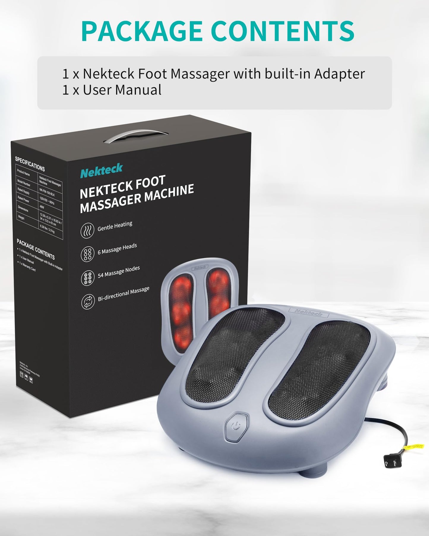 Nekteck Foot Massager with Heat, Shiatsu Heated Electric Kneading Foot Massager Machine for Plantar Fasciitis, Built-in Infrared Heat Function and Power Cord (Black)