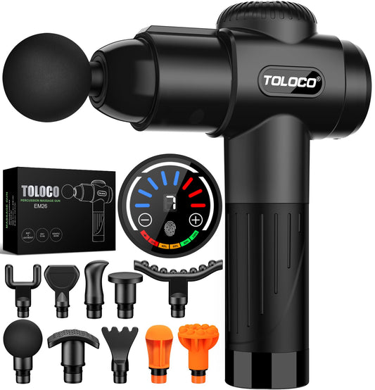 TOLOCO Massage Gun, Deep Tissue Back Massage for Athletes for Pain Relief, Percussion Massager with 10 Massages Heads & Silent Brushless Motor, Black