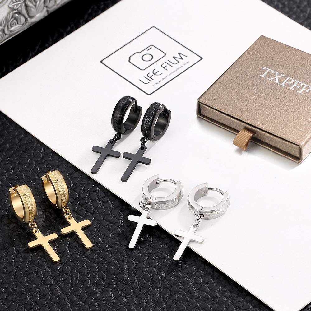 Men Women Stainless Steel Cross Earrings Set Dangle Hinged Earrings of Dangle Hinged Earrings Cross hoop Earrings