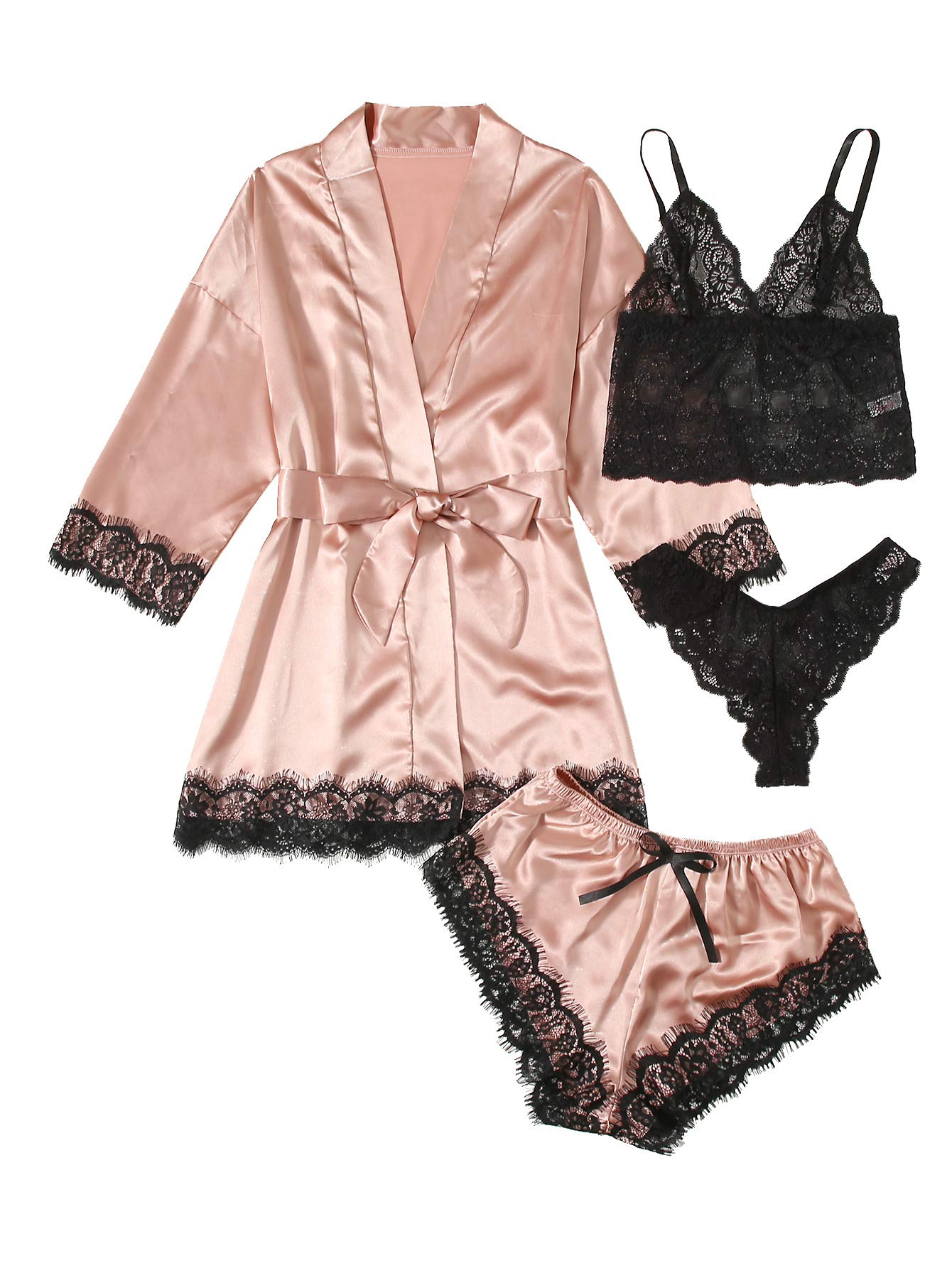 WDIRARA Women' Silk Satin Pajamas Set 4pcs Lingerie Floral Lace Cami Sleepwear with Robe