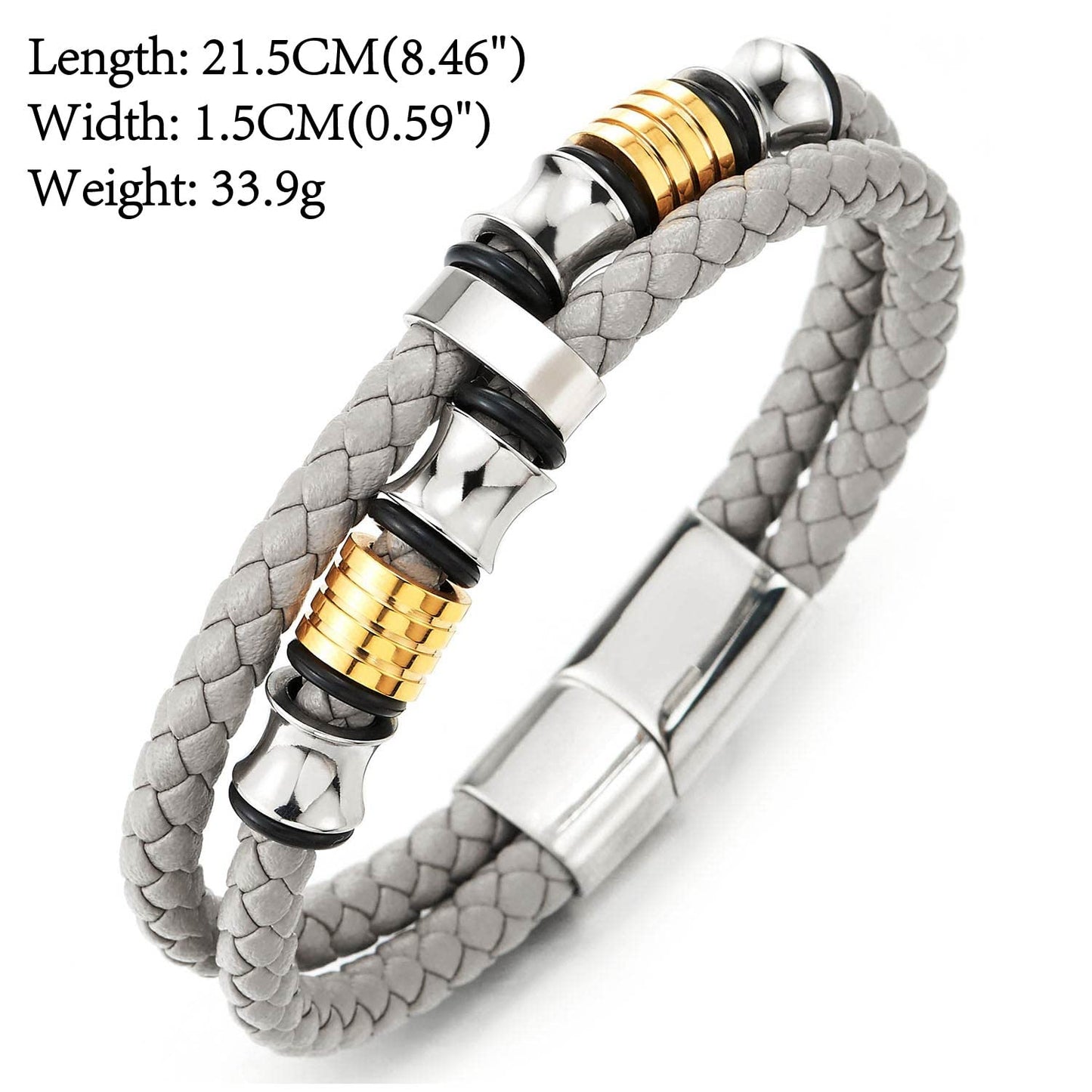 COOLSTEELANDBEYOND Mens Double-Row Braided Leather Bracelet Bangle Wristband with Stainless Steel Ornaments