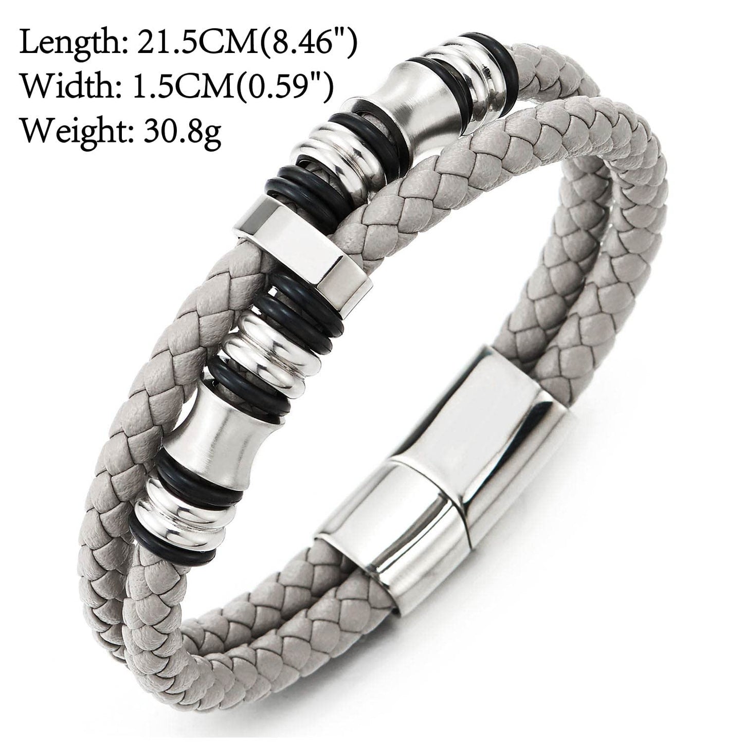 COOLSTEELANDBEYOND Mens Double-Row Braided Leather Bracelet Bangle Wristband with Stainless Steel Ornaments