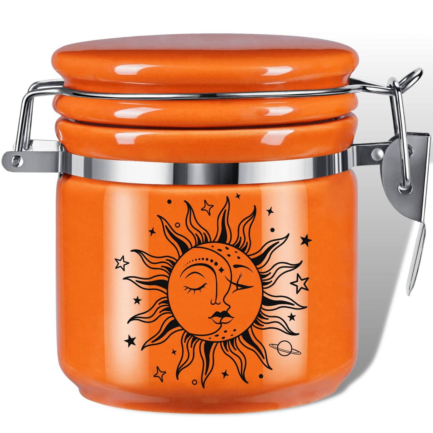 Sun Moon Stash Container Half Oz (250ml), Ceramic Cute Stash Jar Containers w/Clamp Lid, Mystical Celestial Aesthetic Decorative Jar Storage - Double Sealed Airtight Herbs Fresh Jar -Orange