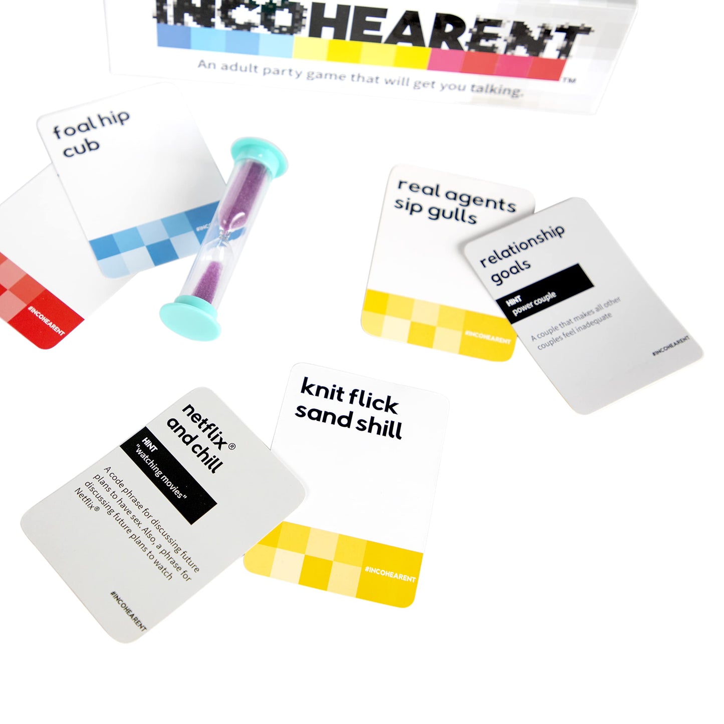 Incohearent, The Guess the Gibberish Party Game by Relatable, A Funny Card Game for Adults, Great for Bachelorette Party Games or Game Night Games, Includes 400 Cards, Instructions, and 1 Sand Timer