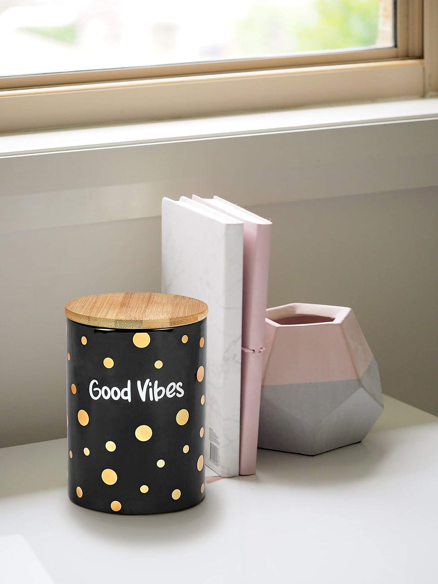 FASHIONCRAFT 88087 Canister Stash Jar, “Good Vibes” Novelty Stash Jar, Black