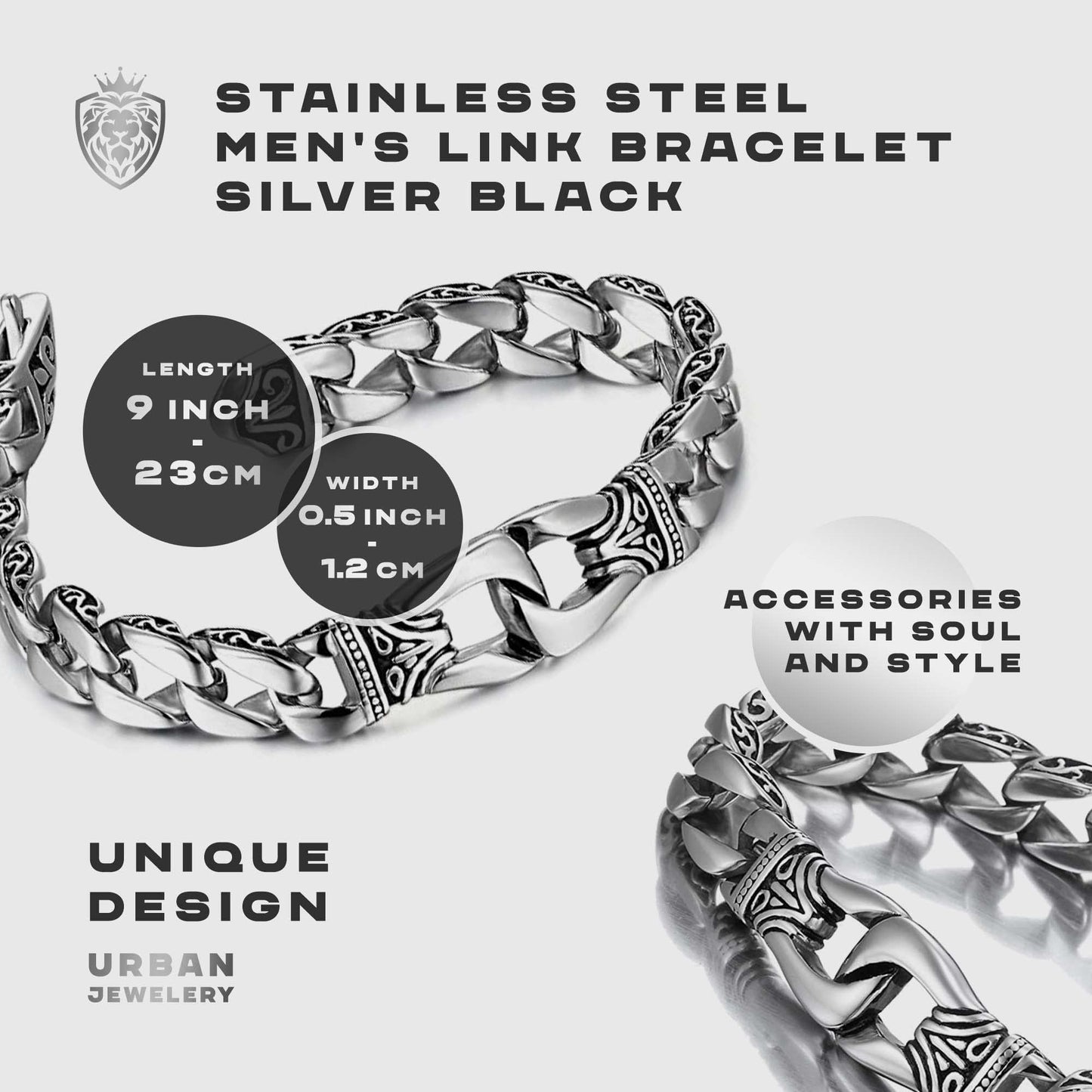 Urban Jewelry Amazing Stainless Steel Men's link Bracelet Silver Black 9 Inch with Necklace Option 21 inch (With Branded Gift Box)