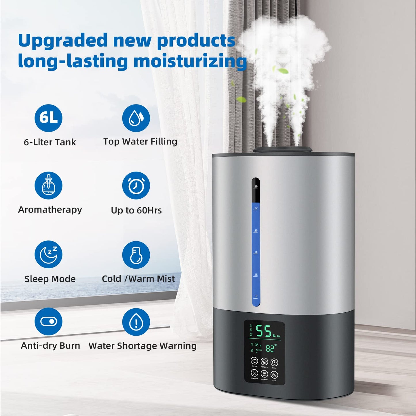 6L Humidifiers for Bedroom Large Room Home, Cool and Warm for Baby and Plants Mist Top Fill Desk Humidifiers Essential Oil Diffuser, Quiet with Adjustable Mist,360°Nozzle-Black