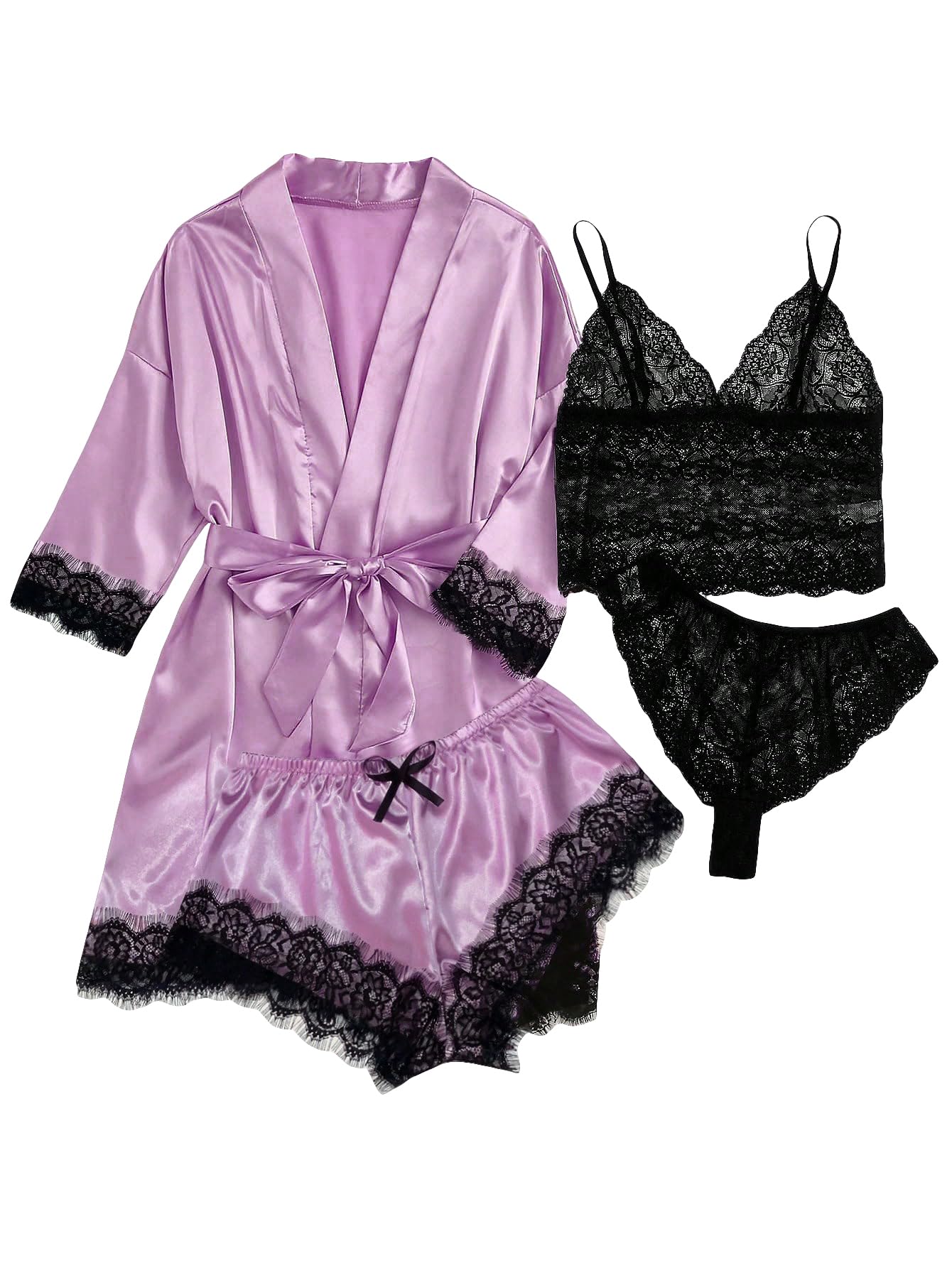 WDIRARA Women' Silk Satin Pajamas Set 4pcs Lingerie Floral Lace Cami Sleepwear with Robe