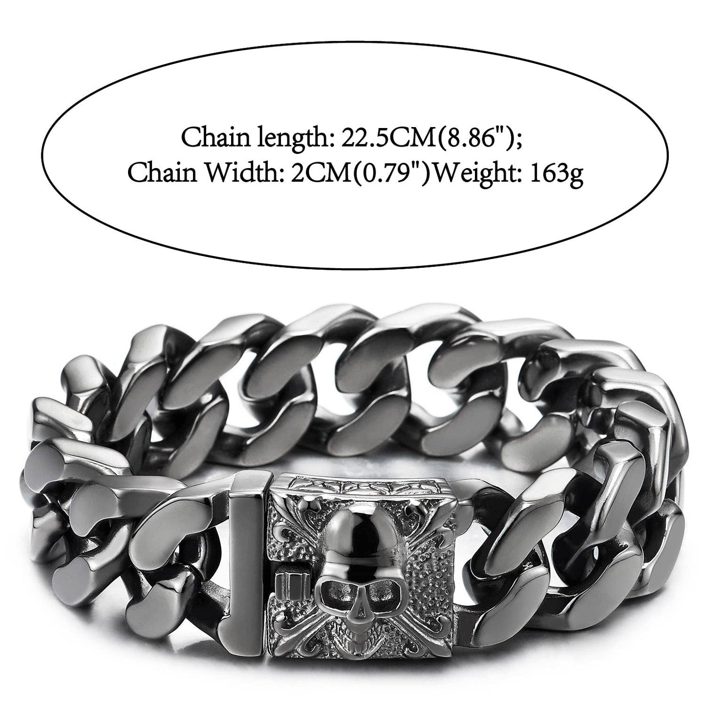 COOLSTEELANDBEYOND Mens Large Vintage Brushed Finishing Steel Curb Chain Bracelet with Fleur De Lis and Skull