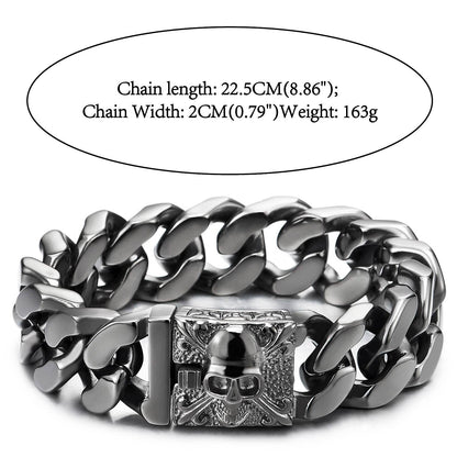 COOLSTEELANDBEYOND Mens Large Vintage Brushed Finishing Steel Curb Chain Bracelet with Fleur De Lis and Skull