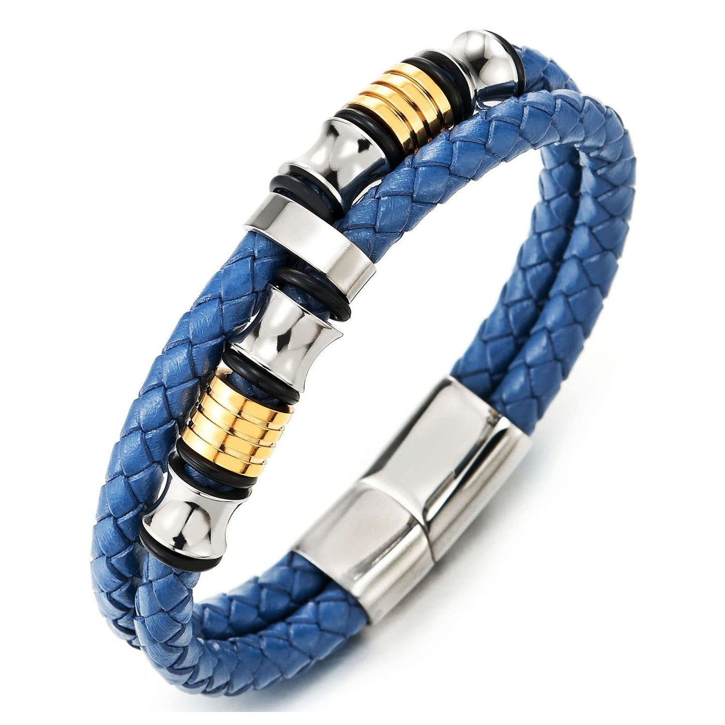 COOLSTEELANDBEYOND Mens Double-Row Braided Leather Bracelet Bangle Wristband with Stainless Steel Ornaments