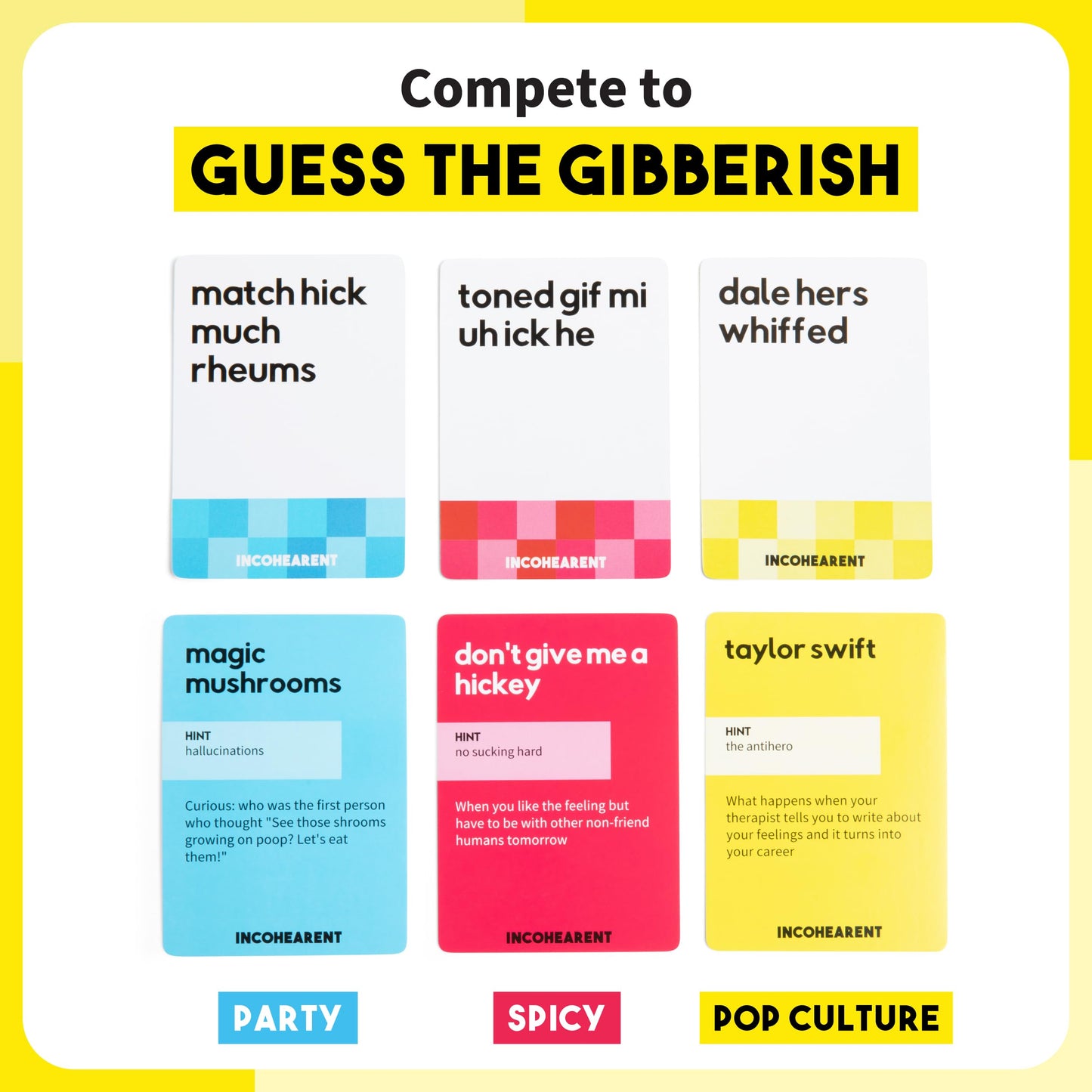 Incohearent, The Guess the Gibberish Party Game by Relatable, A Funny Card Game for Adults, Great for Bachelorette Party Games or Game Night Games, Includes 400 Cards, Instructions, and 1 Sand Timer