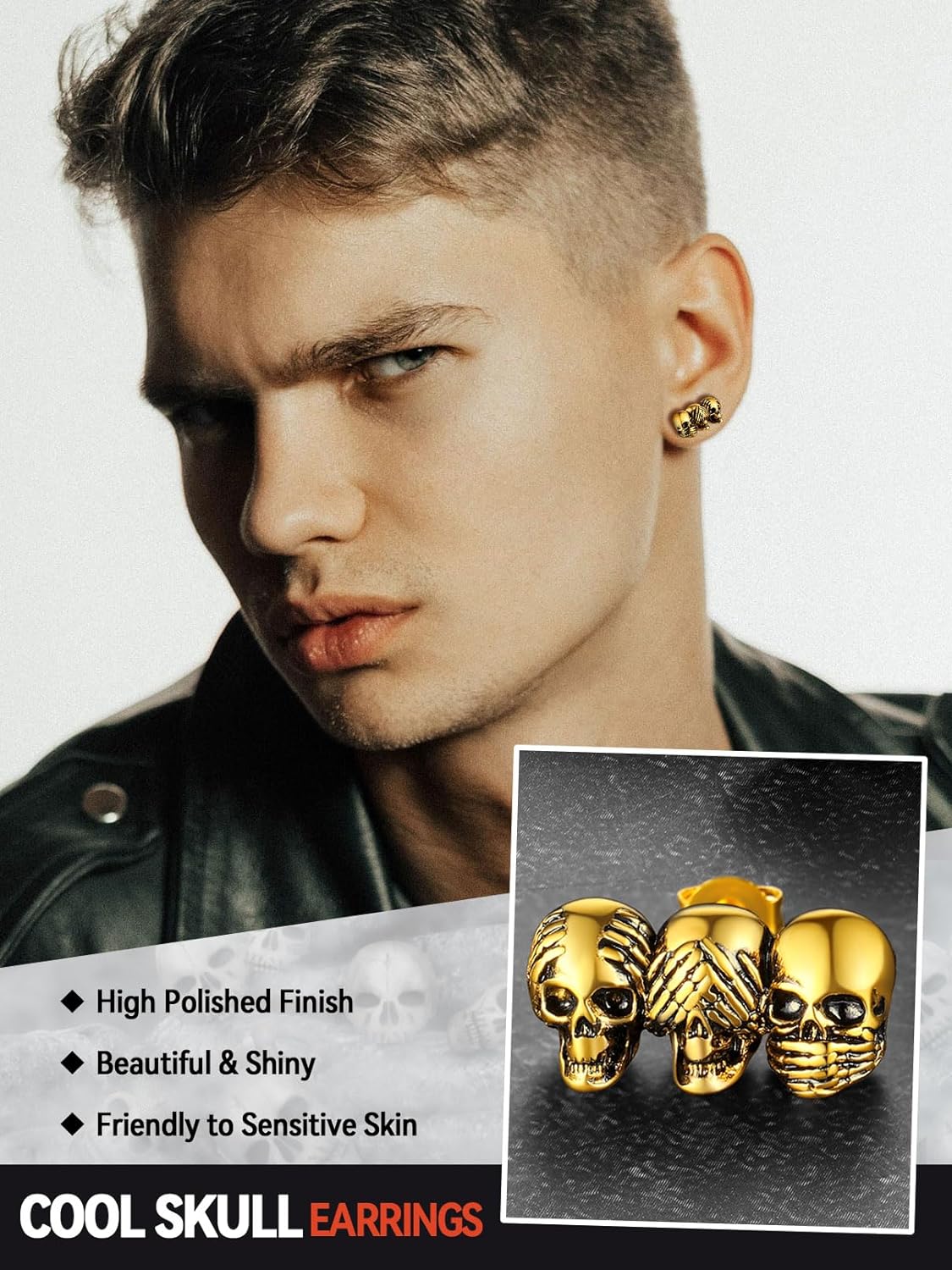 FaithHeart Punk Skull Earrings Stainless Steel/18K Gold Plated Gothic Skeleton Stud/Hoop Earrings for Women Man with Gift Packaging