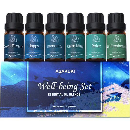 ASAKUKI Essential Oil Blends, Essential Oils Set for Diffusers for Home, Well-Being Kit- Calming, Dreams, Breathe, Relaxing, Mood, Fresh Air Aromatherapy Oils for Humidifiers, Massage, 6x10ml