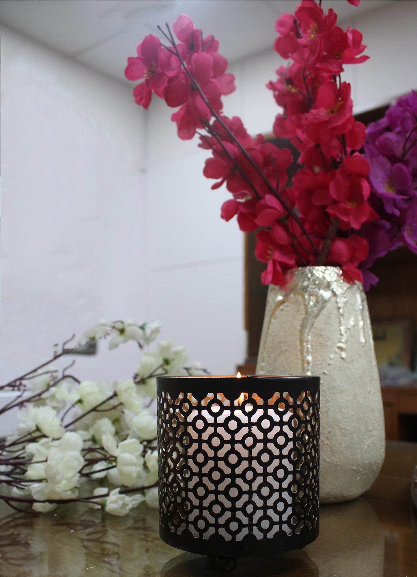 Hosley 4.5" High Black (Gold Inside) Metal Jar Holder Candle Sleeve. Candle Holder, Votive, Tea Light Lanterns Use with Tealights. Ideal Gift for Weddings, Parties, Spa and Aromatherapy O6