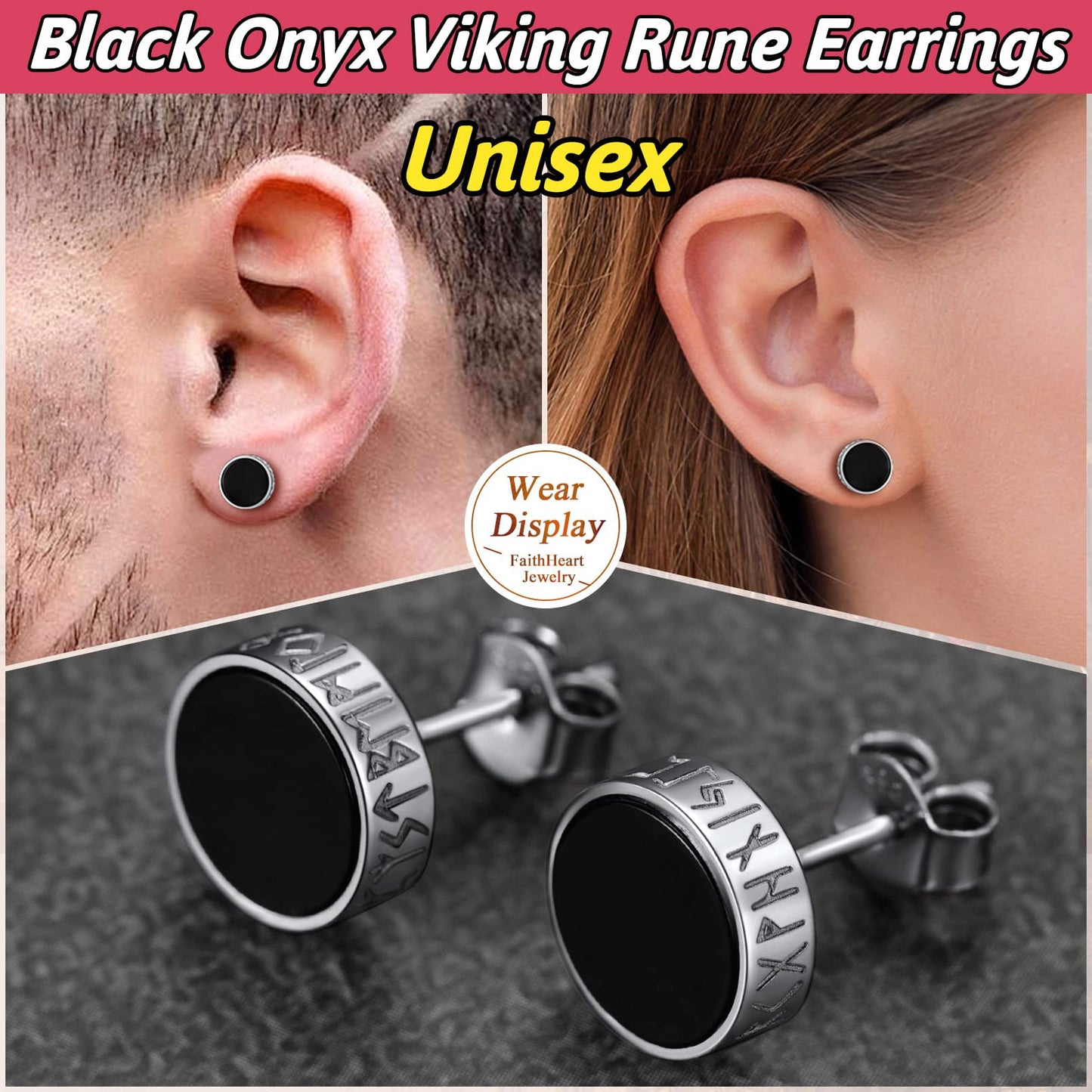 FaithHeart Sterling Silver Viking Runes Earrings for Men Women Black Onyx Stud Earrings Norse Mythology Amulet Jewelry with Gift Box