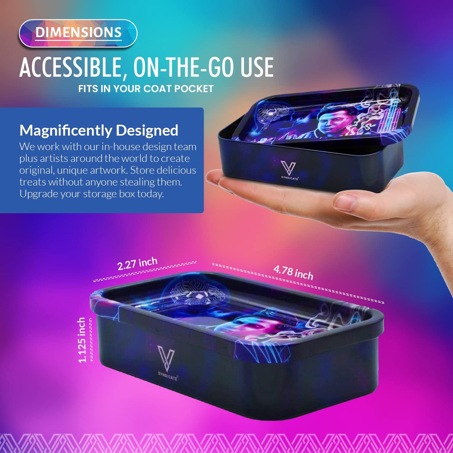 V. Syndicate 5" x 2.8" x 1.5" Mini Metal Storage Box with Lid - Airtight Lid to Avoid Moisture - Flex Your Style with 360 Print of Original Interactive Artwork on All Sides (Syndicase 2.0, Dank Diva)