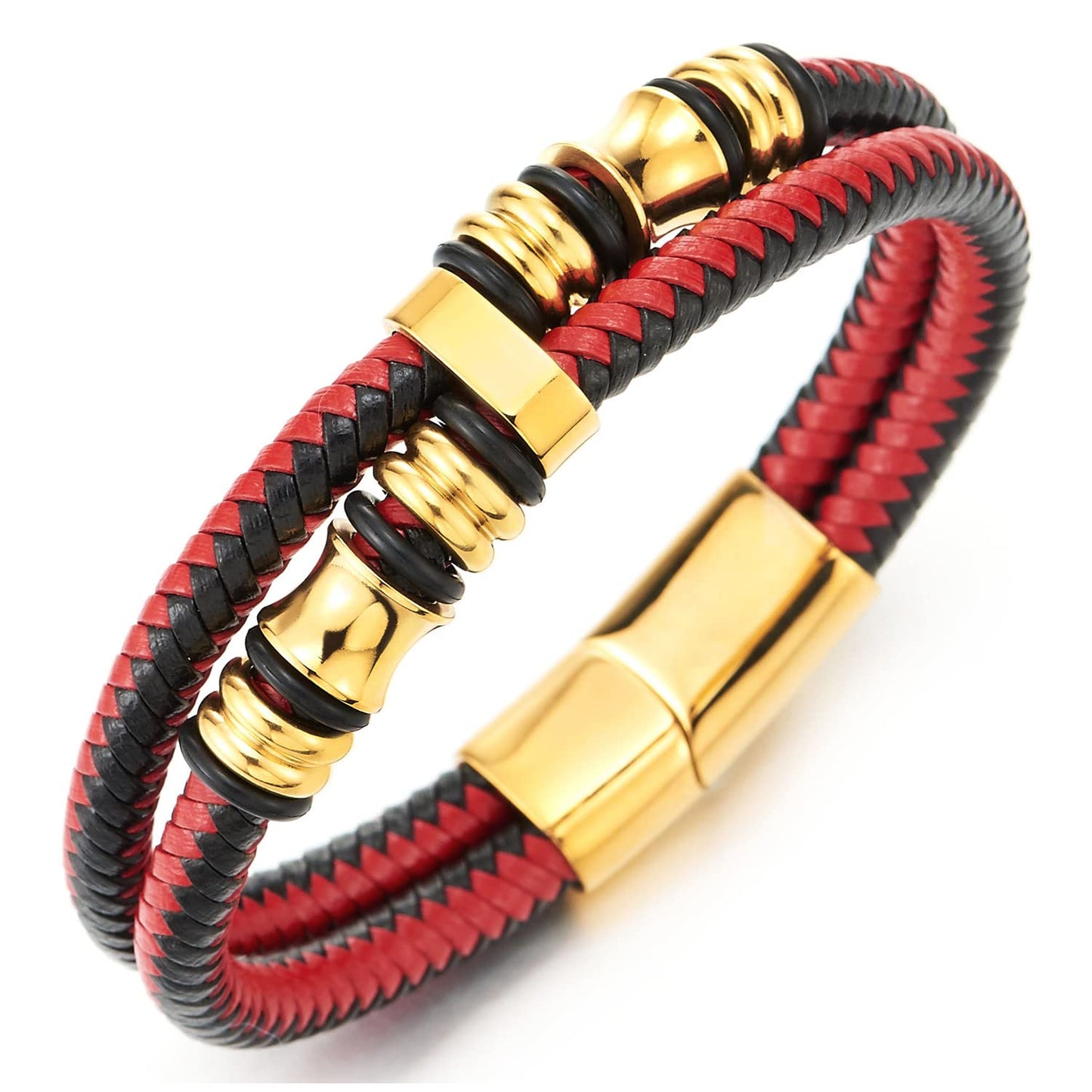 COOLSTEELANDBEYOND Mens Double-Row Braided Leather Bracelet Bangle Wristband with Stainless Steel Ornaments