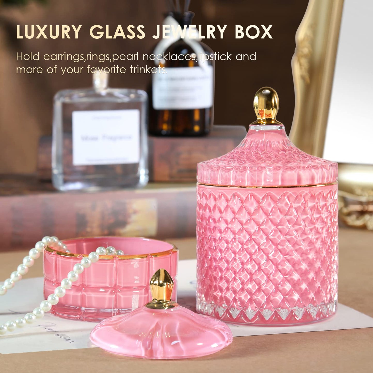 Pink Candy Jar, Glass Candy Dish with Lid, Crystal Apothocary Jars with Lids Glass Jewelry Box with Lids, Cute Glass Jar Gifts for Women