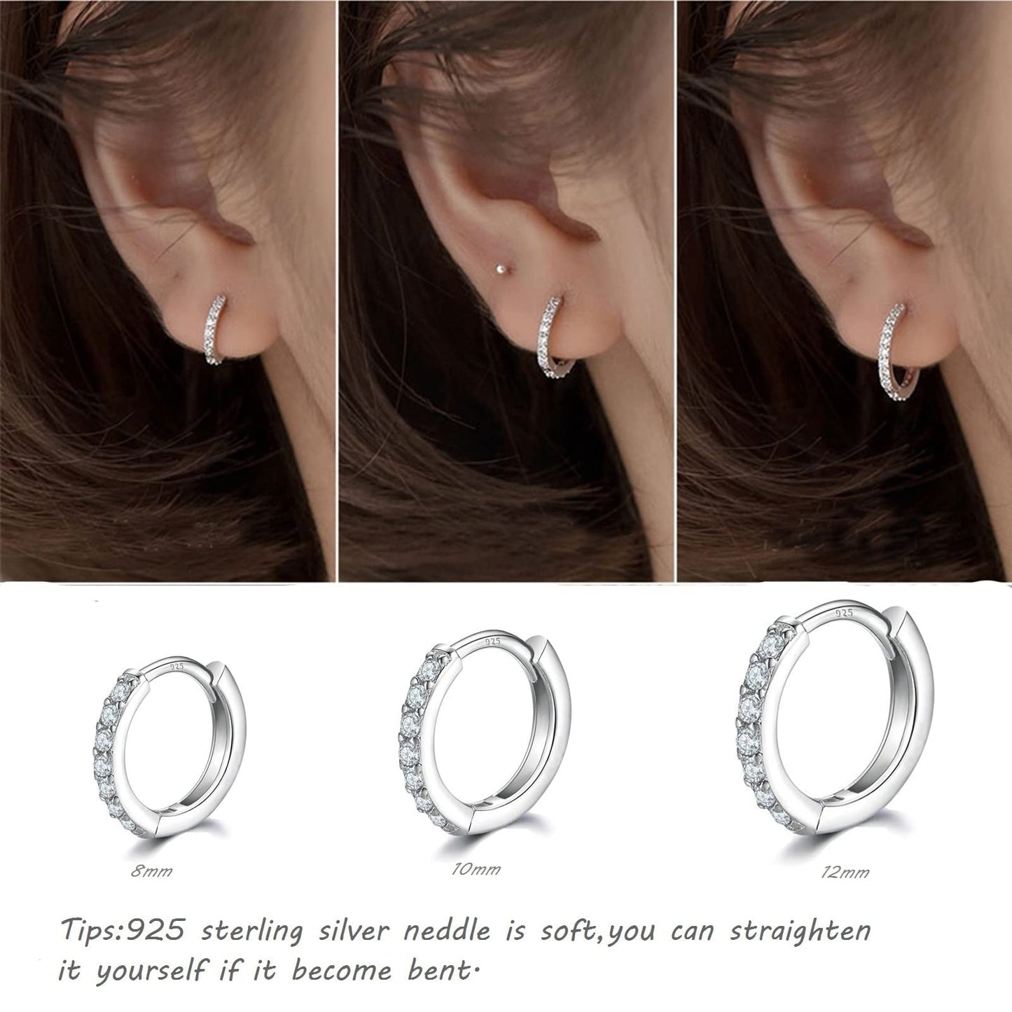 925 Sterling Silver Small Hoop Earrings Cubic Zirconia Huggie Hoop Earrings, 3 Pairs 14K White Gold Plated Cartilage Piercing Earrings Ear Cuff Tiny Hoop Earrings for Women Men