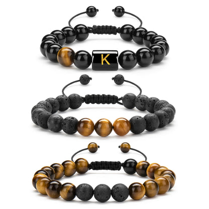 Initials Bracelets for Men Letter Link Handmade Natural Black Onyx Tiger Eye Stone Beads Braided Rope Meaningful Bracelet