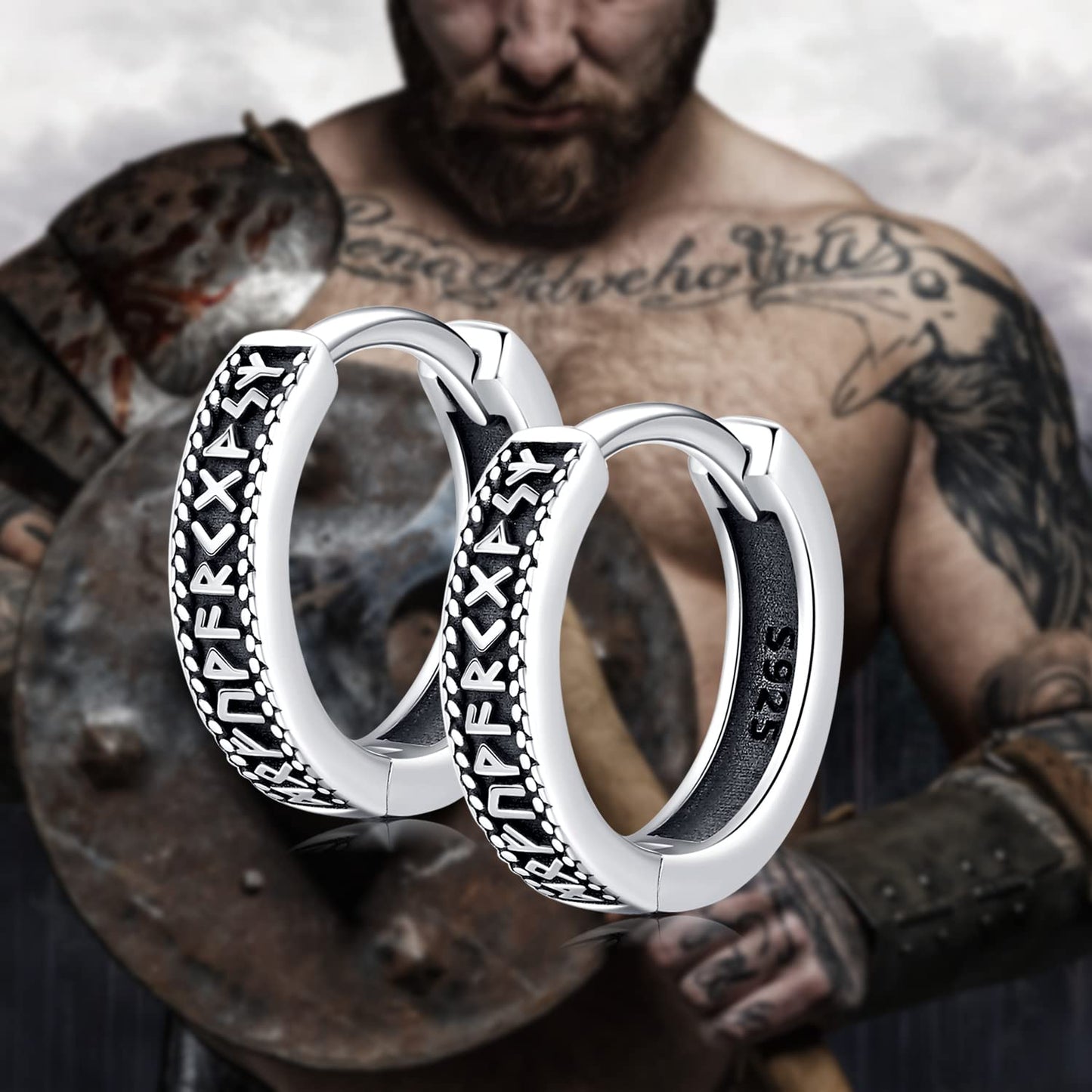 Odinstone Viking Earrings for Men Women, Norse Viking Hoop Earrings Rune Hollow-Carved Design 925 Sterling Silver Huggie Hoops Earrings Jewelry Gift