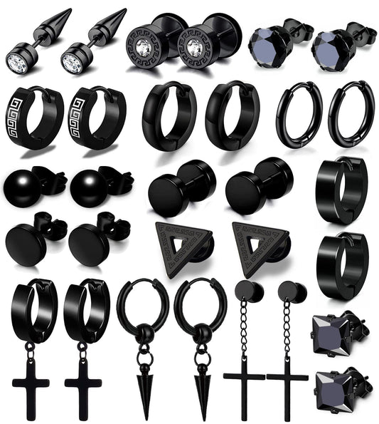 15 Pairs Earrings for Men, Stainless Steel Earrings Kit for Men and Women Fashion Piercing Jewelry Cross Dangle Hoop Earrings Set