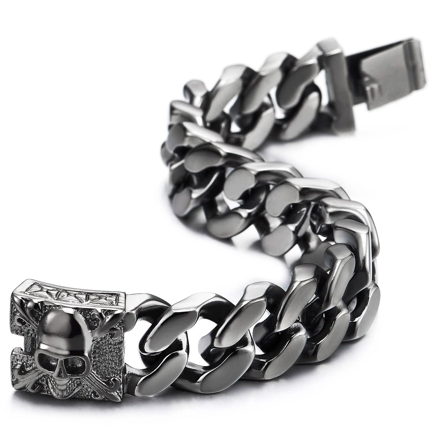 COOLSTEELANDBEYOND Mens Large Vintage Brushed Finishing Steel Curb Chain Bracelet with Fleur De Lis and Skull