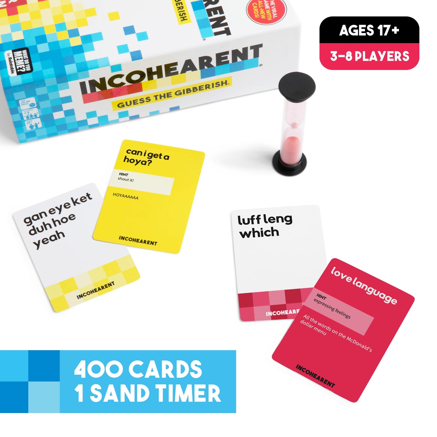 Incohearent, The Guess the Gibberish Party Game by Relatable, A Funny Card Game for Adults, Great for Bachelorette Party Games or Game Night Games, Includes 400 Cards, Instructions, and 1 Sand Timer