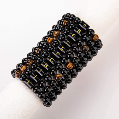 Initials Bracelets for Men Letter Link Handmade Natural Black Onyx Tiger Eye Stone Beads Braided Rope Meaningful Bracelet