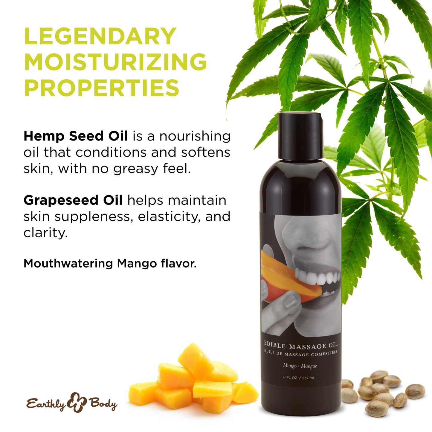 Earthly Body Edible Massage Oil - Hemp Seed, Almond, Grapeseed, Apricot & Vitamin E Oil - Vegan & Cruelty Free