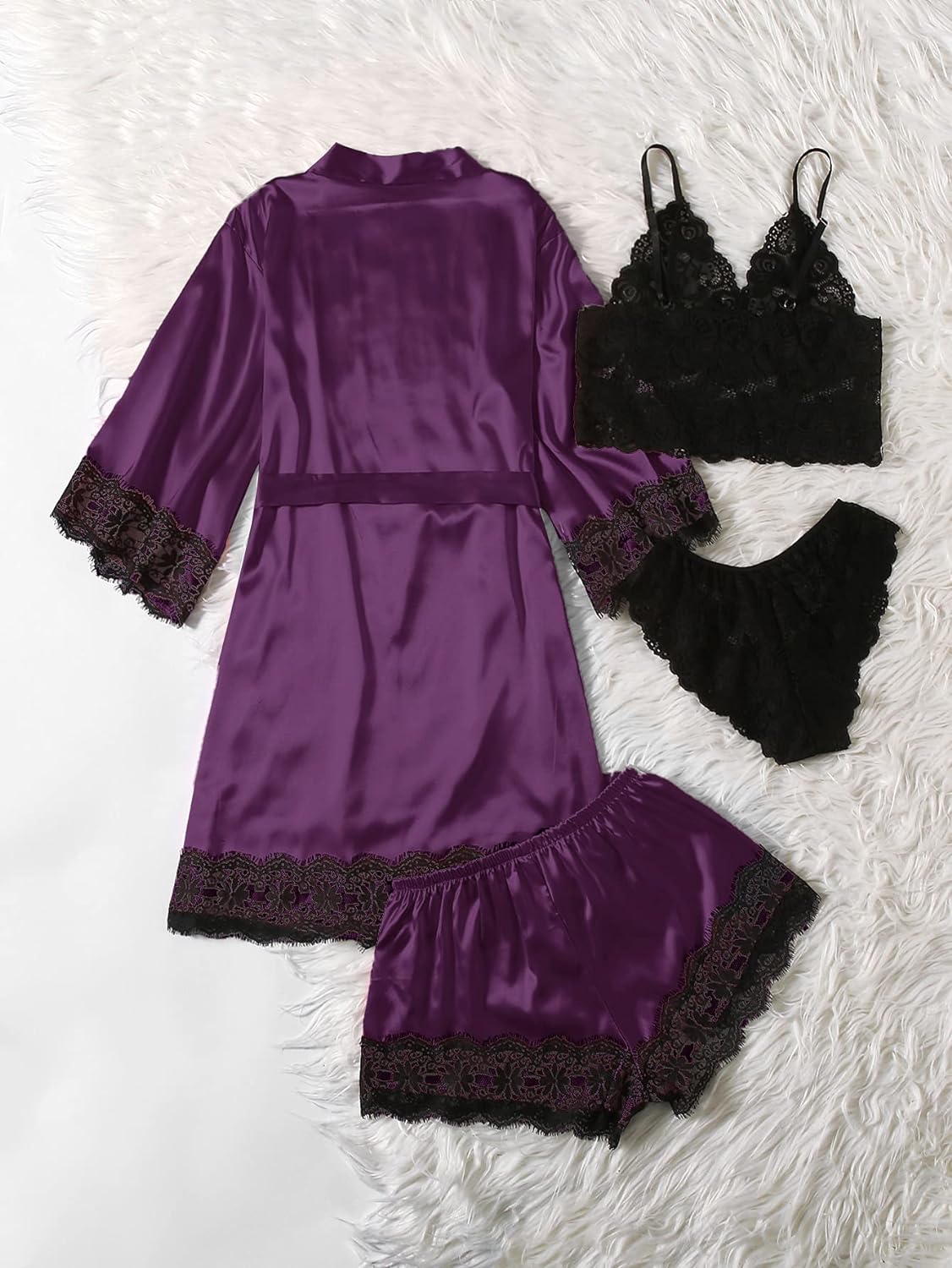 WDIRARA Women' Silk Satin Pajamas Set 4pcs Lingerie Floral Lace Cami Sleepwear with Robe