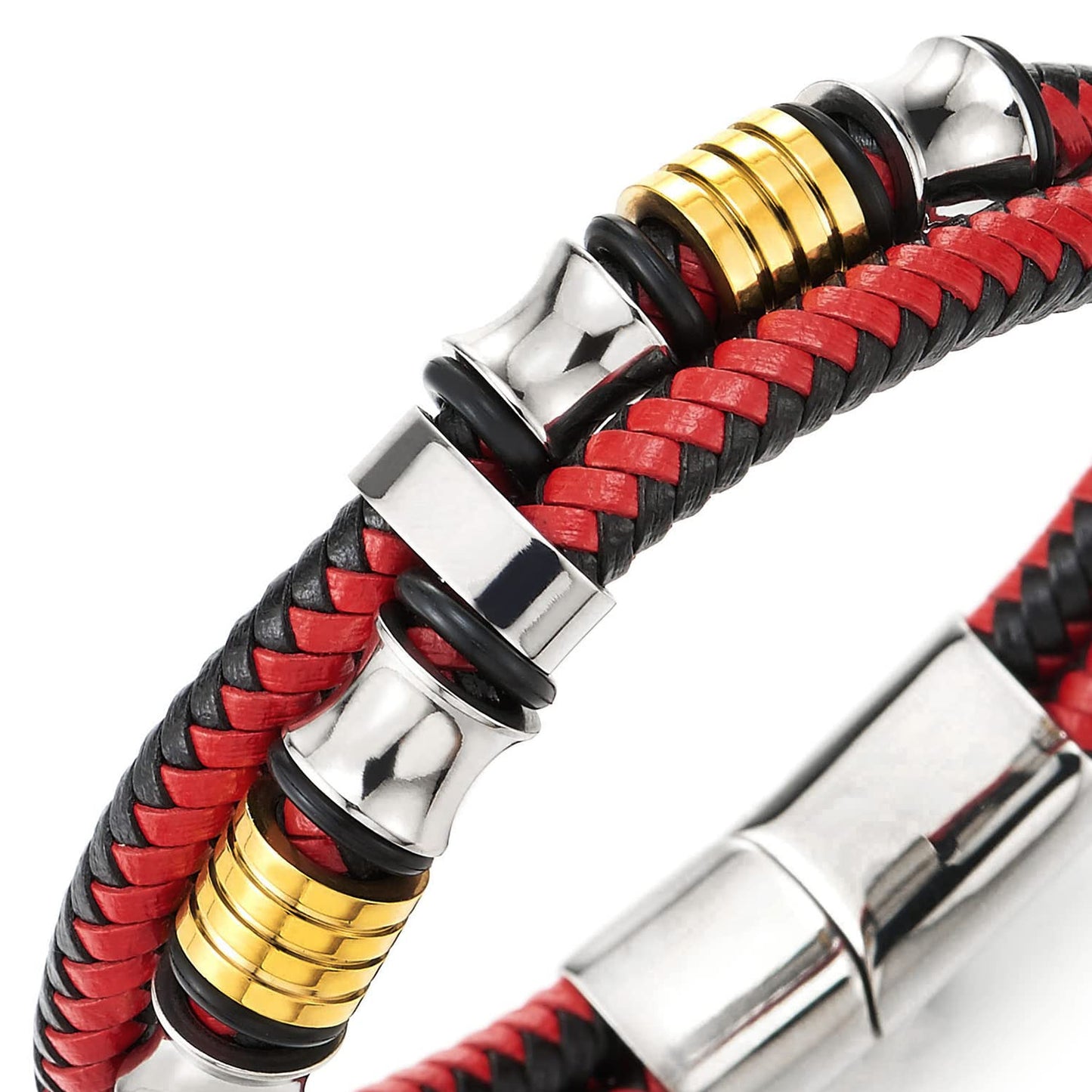 COOLSTEELANDBEYOND Mens Double-Row Braided Leather Bracelet Bangle Wristband with Stainless Steel Ornaments