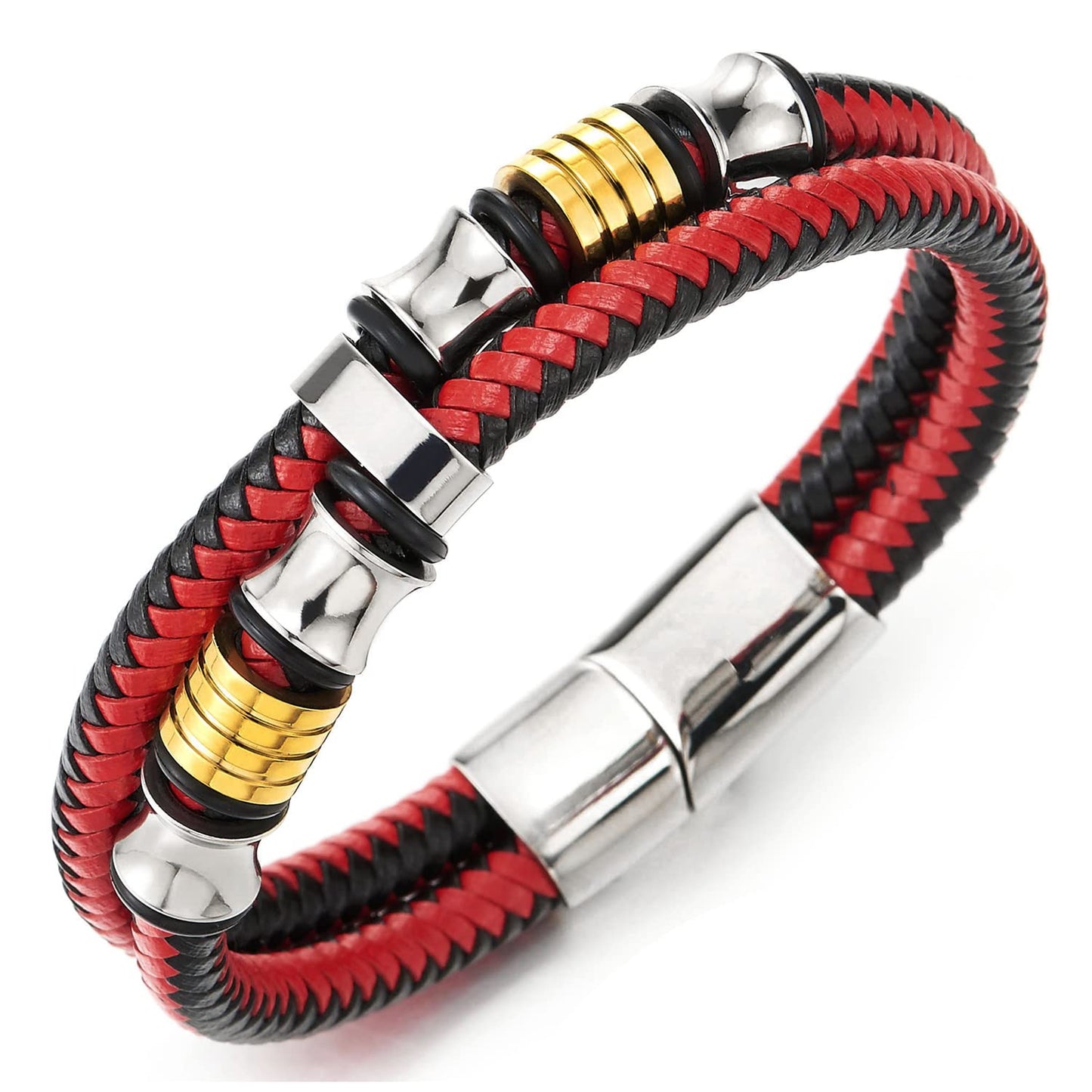 COOLSTEELANDBEYOND Mens Double-Row Braided Leather Bracelet Bangle Wristband with Stainless Steel Ornaments