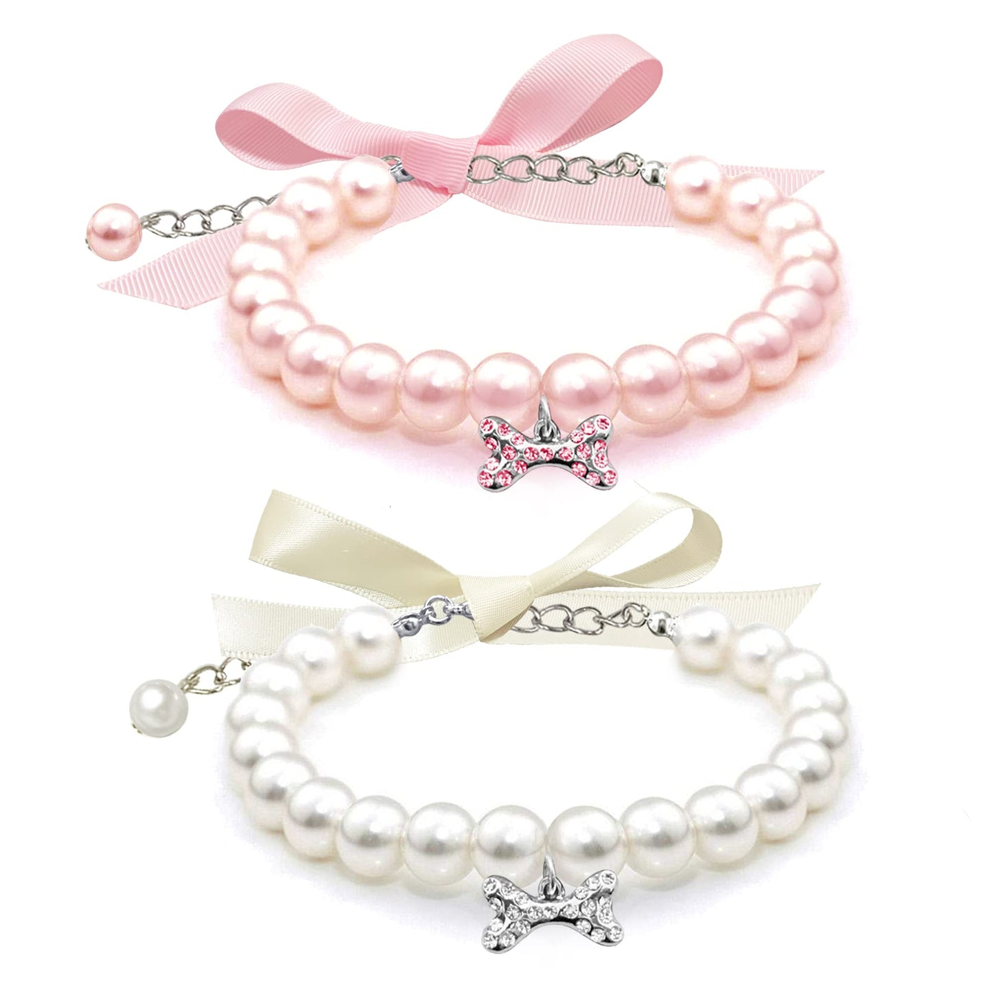 2 Pcs Dog Cat Pearl Collar Necklace with Rhinestone Bone, Fancy Cat Wedding Collar Jewelry for Girl Cat Puppy Dogs Accessories(Pink+White)